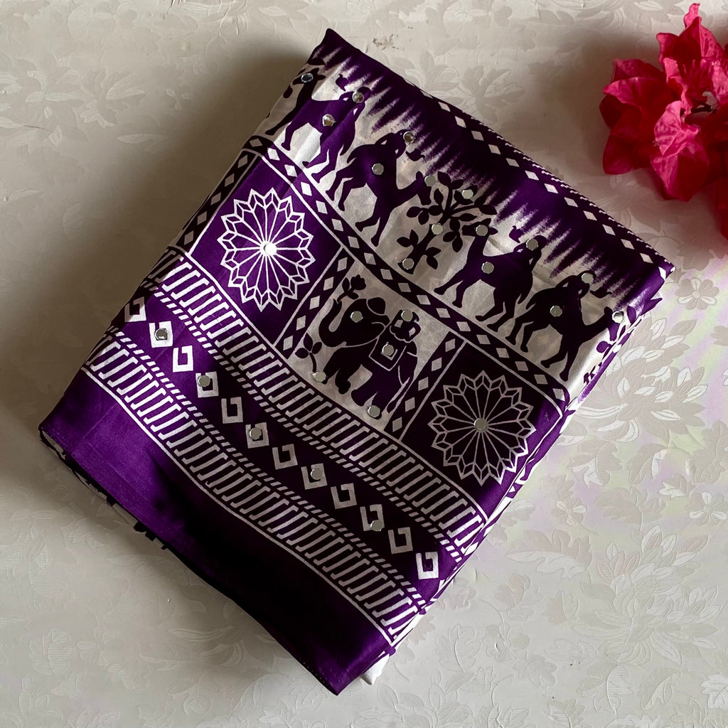 Ivory White Softest Satin Silk Saree With Royal Purple Pallu