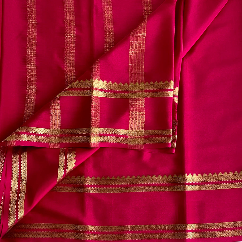 Rani pink Mysore Crepe Silk Saree With Metallic Gold Striped Border