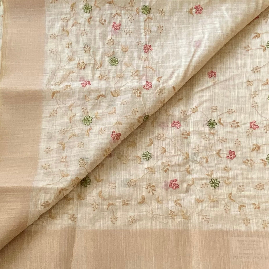 Sheer Ivory Beige Embroidered Floral Saree With Gold Woven Border