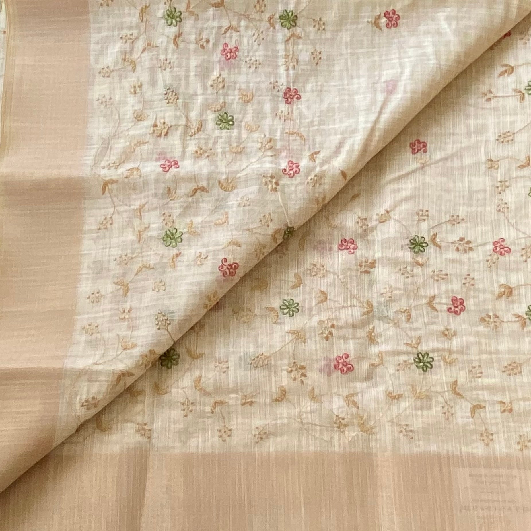 Sheer Ivory Beige Embroidered Floral Saree With Gold Woven Border