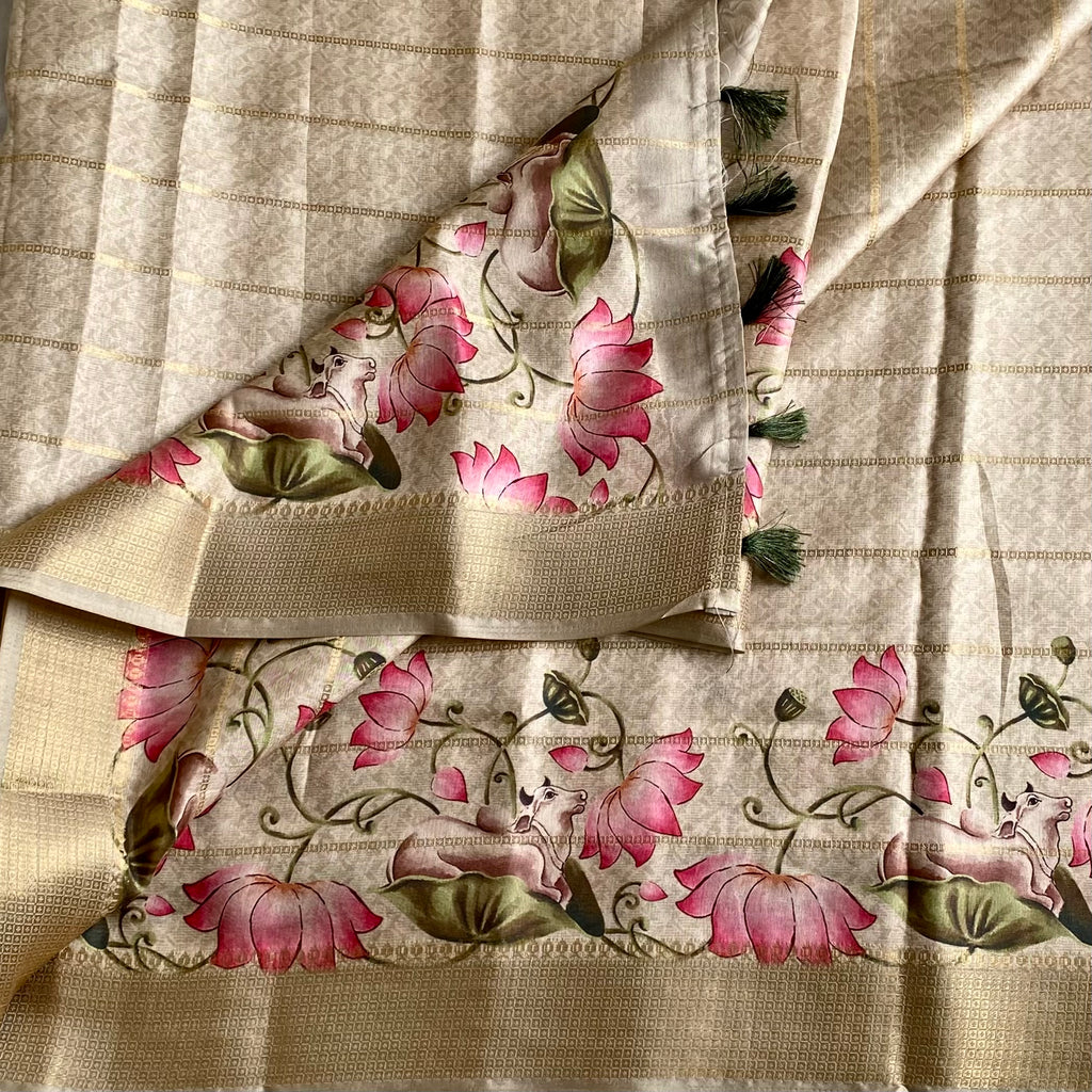 Champagne Beige Soft Tussar Silk Saree With Lotus Pink Pallu