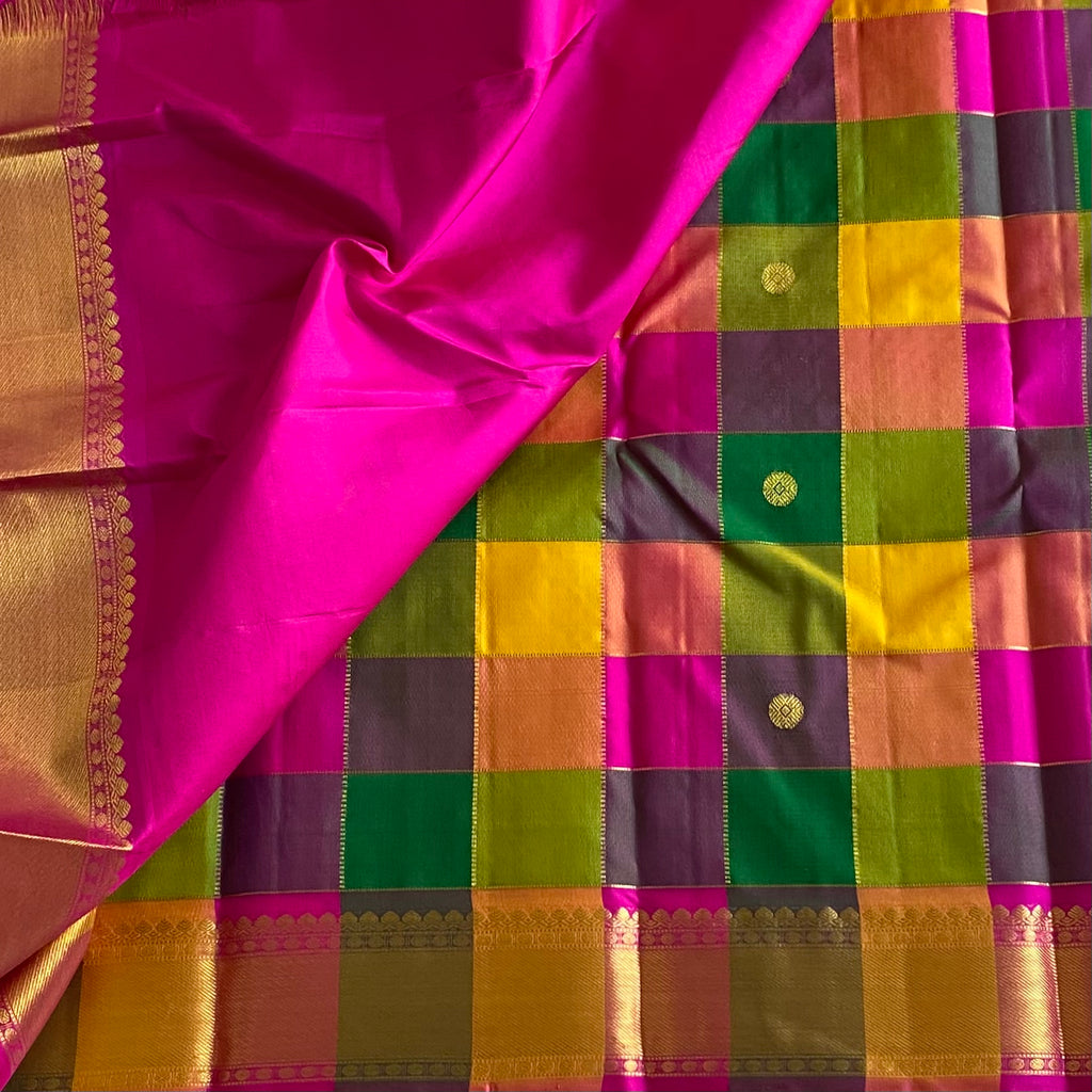 Multi checkered Handwoven Designer Pure Zari Kanjeevaram