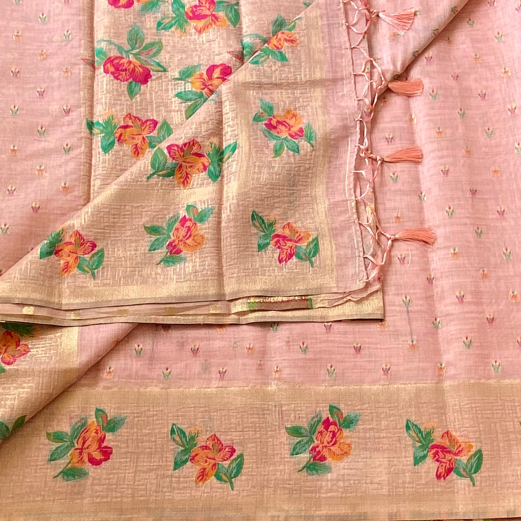 Peach Pink Floral Saree With Gold Brocade Border Tassel Pallu