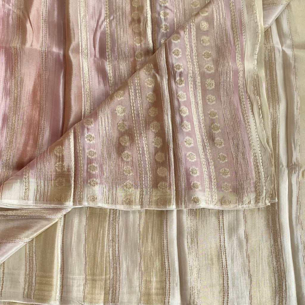 Ivory Blush Silk Saree with Gold Stripes and Medallions Elegant