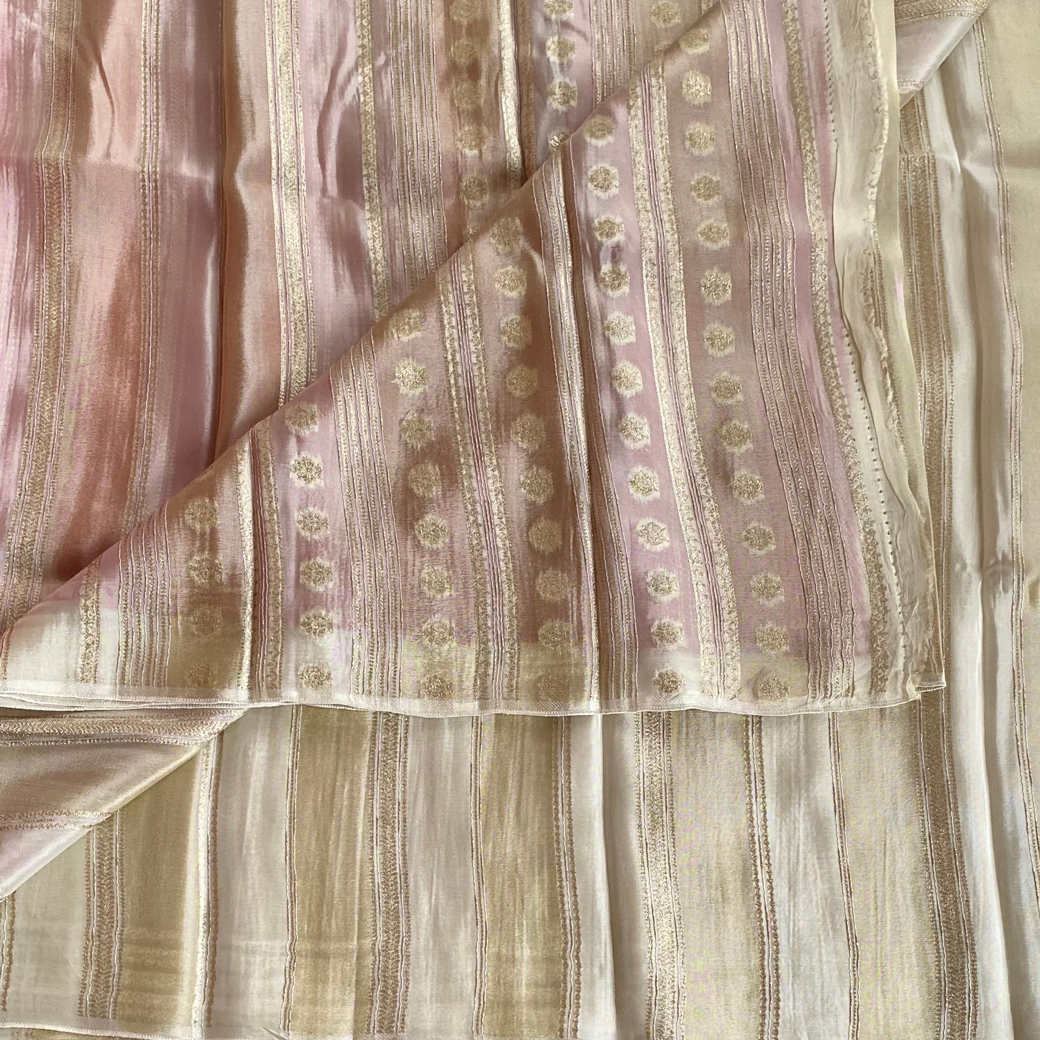 Ivory Blush Silk Saree with Gold Stripes and Medallions Elegant