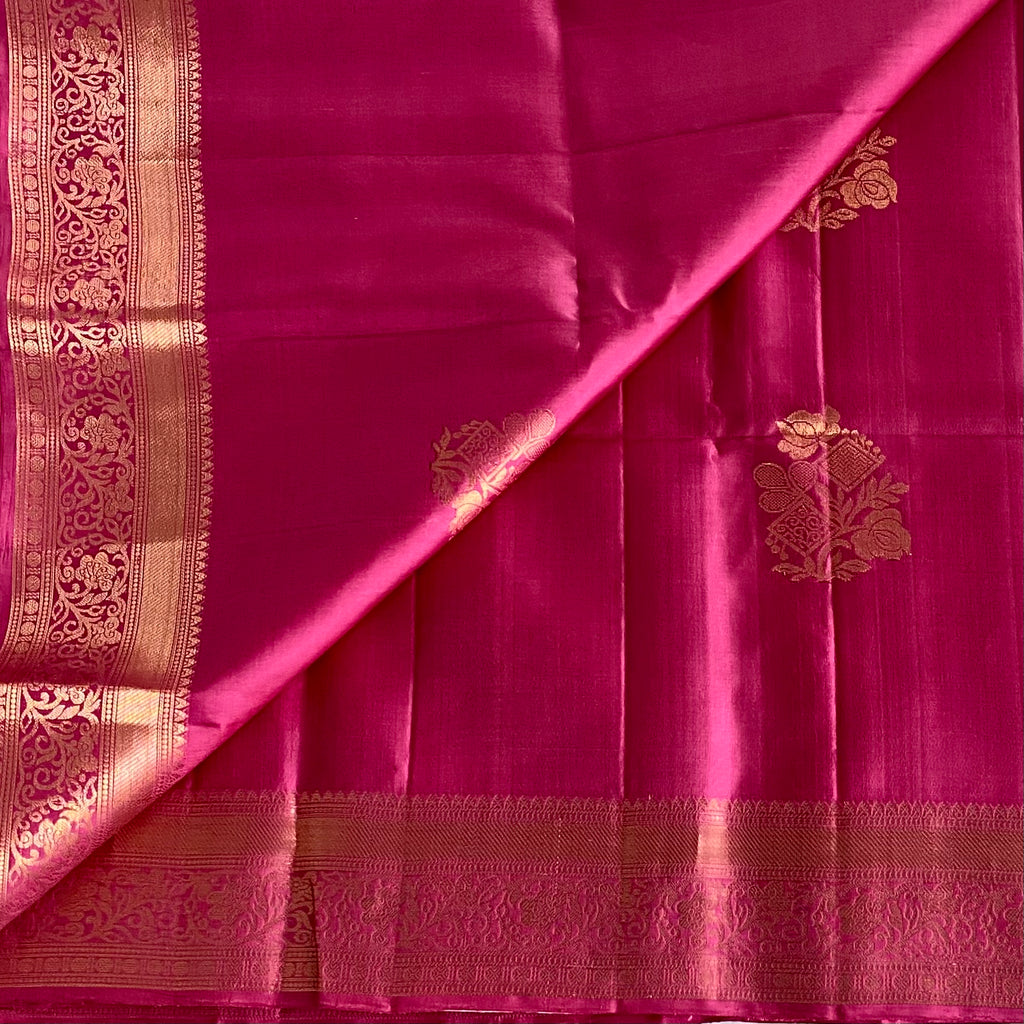 Designer Pure Silk Rani Pink Saree With Antique Gold Pallu And Border