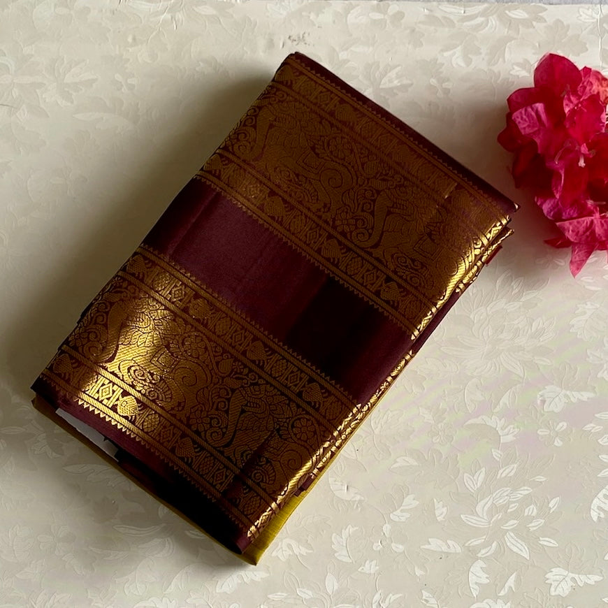 Vintage Mustard with Classic Coffee Wine Retta Pett Pure Kanjeevaram Pure Zari Silk
