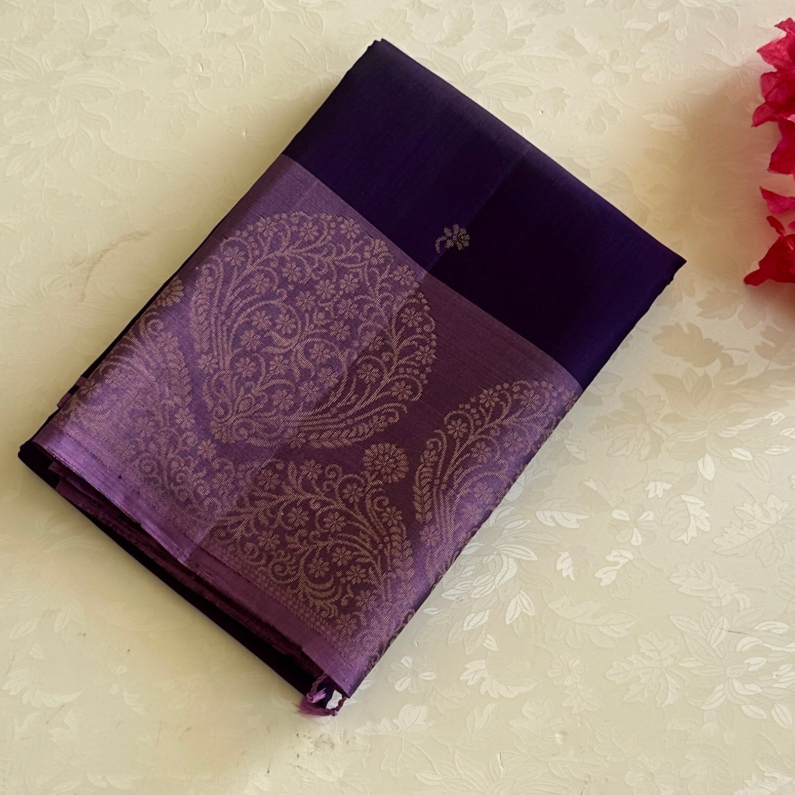 Deep Violet Silk Saree Rose Gold Zari Paisley Brocade Traditional