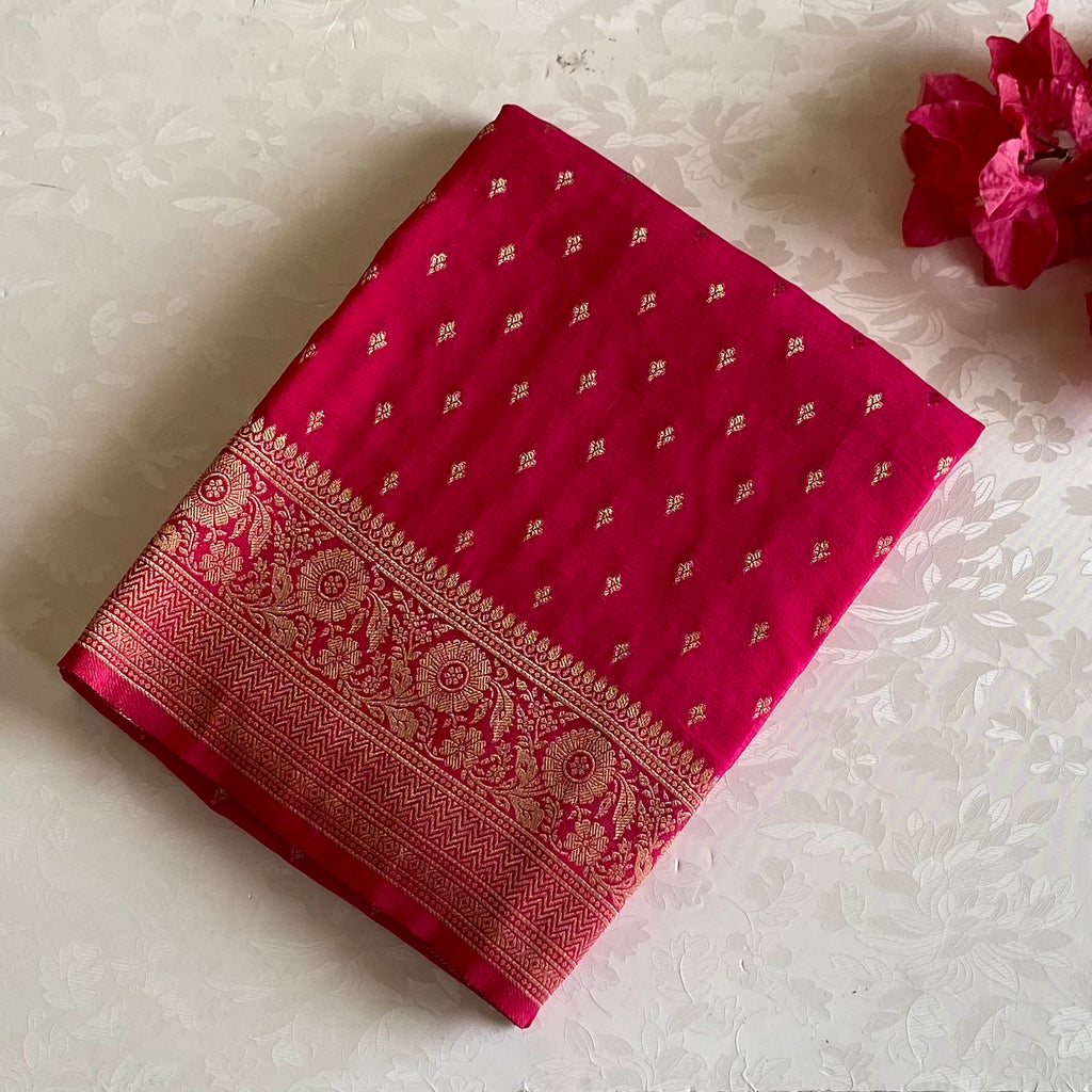 Rani Pink Soft Crepe Silk Saree With Metallic Gold Brocade Pallu
