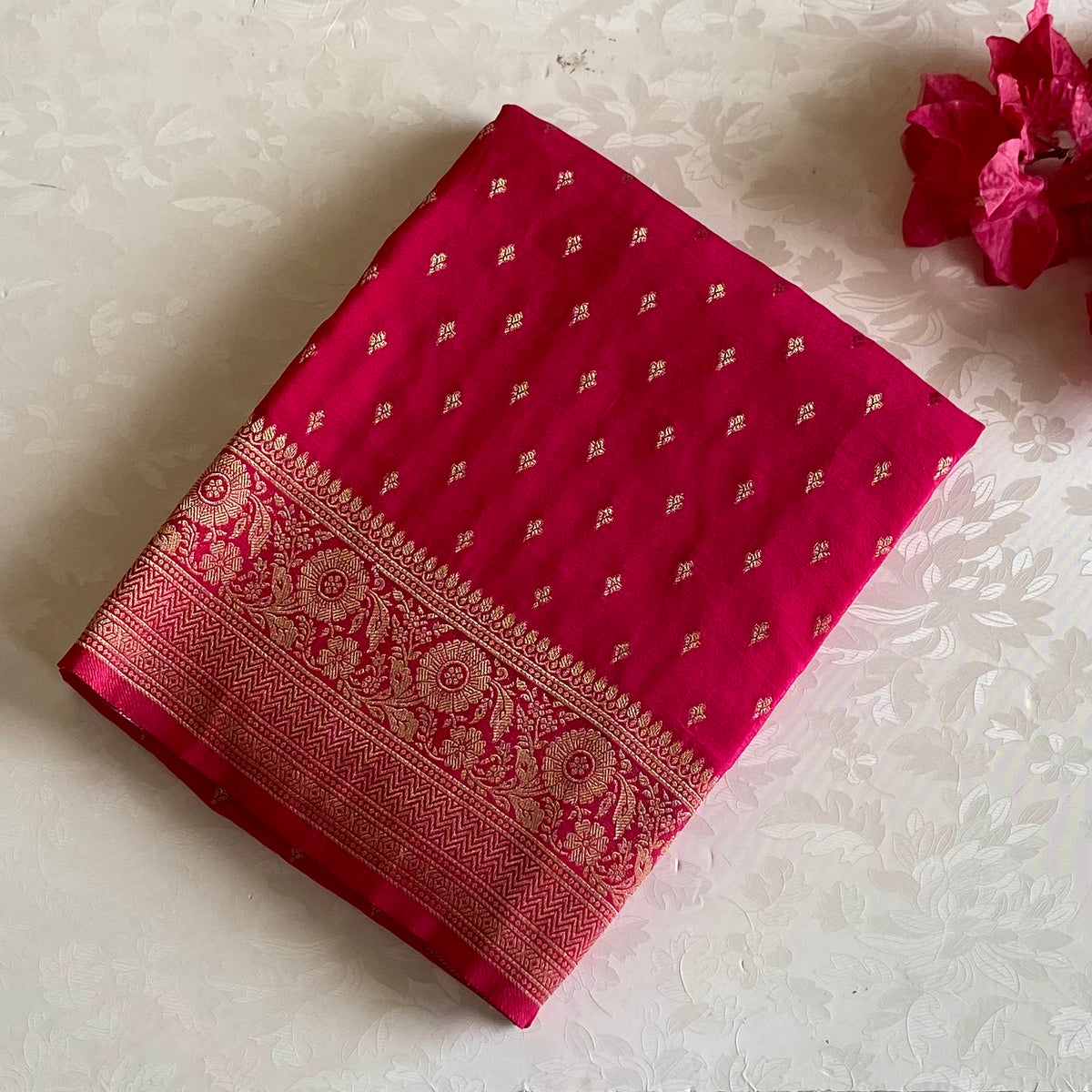 Rani Pink Soft Crepe Silk Saree With Metallic Gold Brocade Pallu