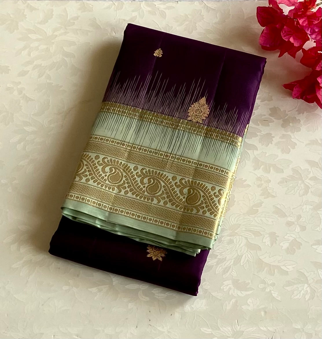 Plum Mint Silk Saree Gold Zari Butta Wide Border Wedding