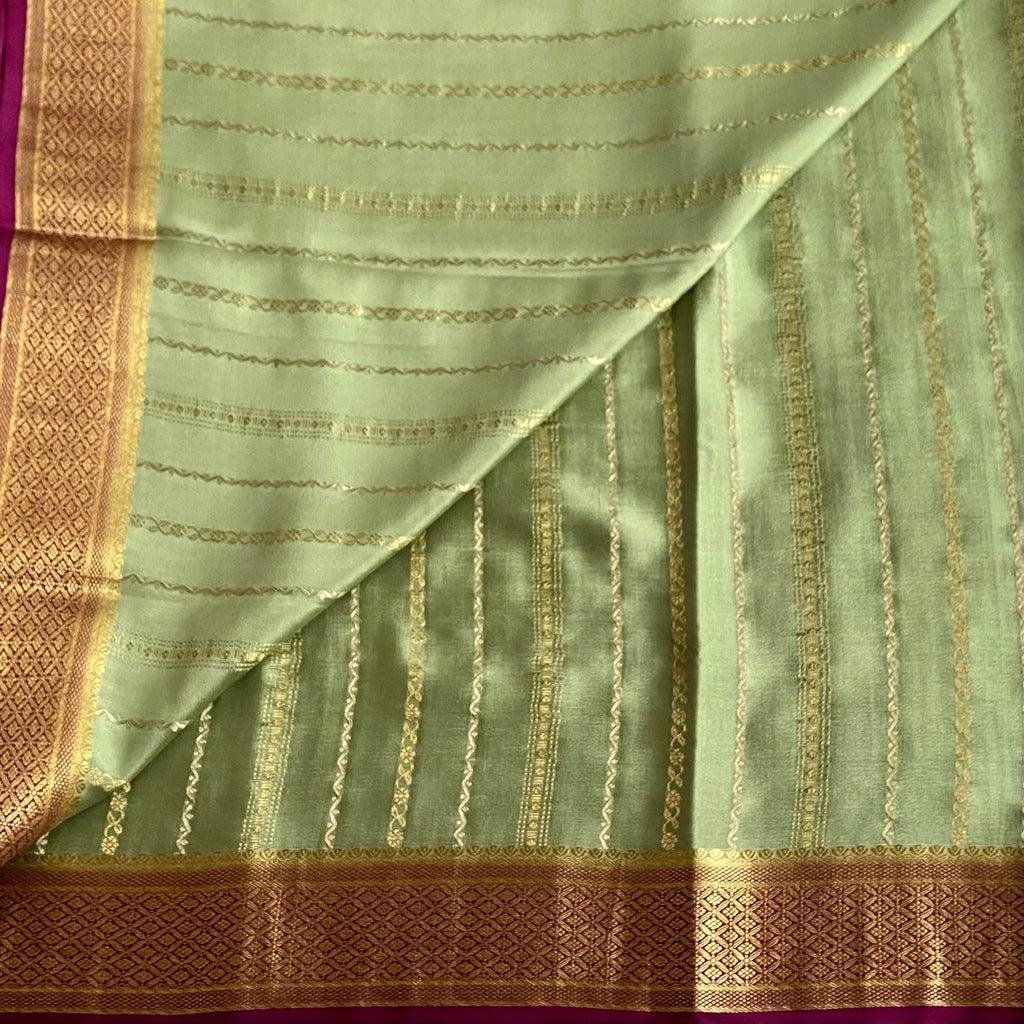 Dreamy Sage Green With Rich Magenta Designer Pure Mysore Crepe Silk