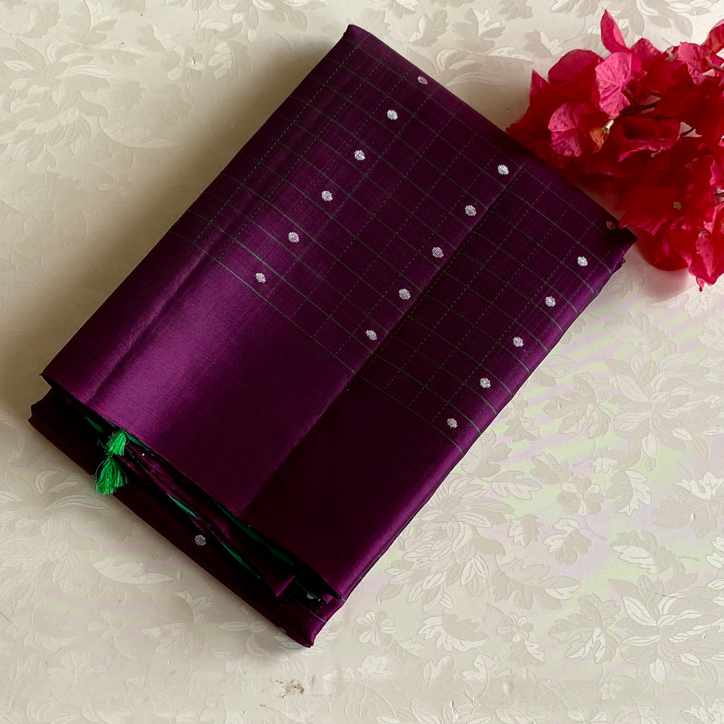 Deep Plum Designer Pure Silk Saree With Emerald Green Pallu