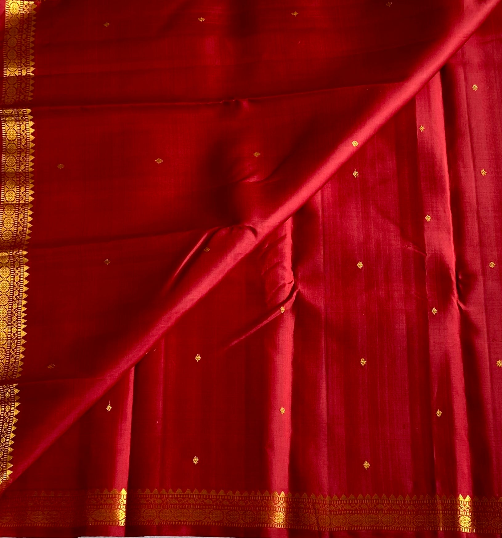 Ruby Red Silk Saree With Gold Zari Buttas Floral Border