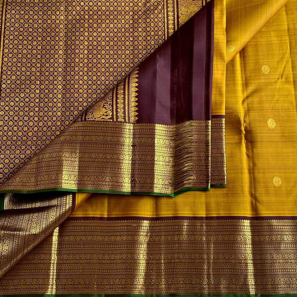 Mustard Yellow Kanjeevaram Pure Zari Silk Saree With Deep Maroon Pallu