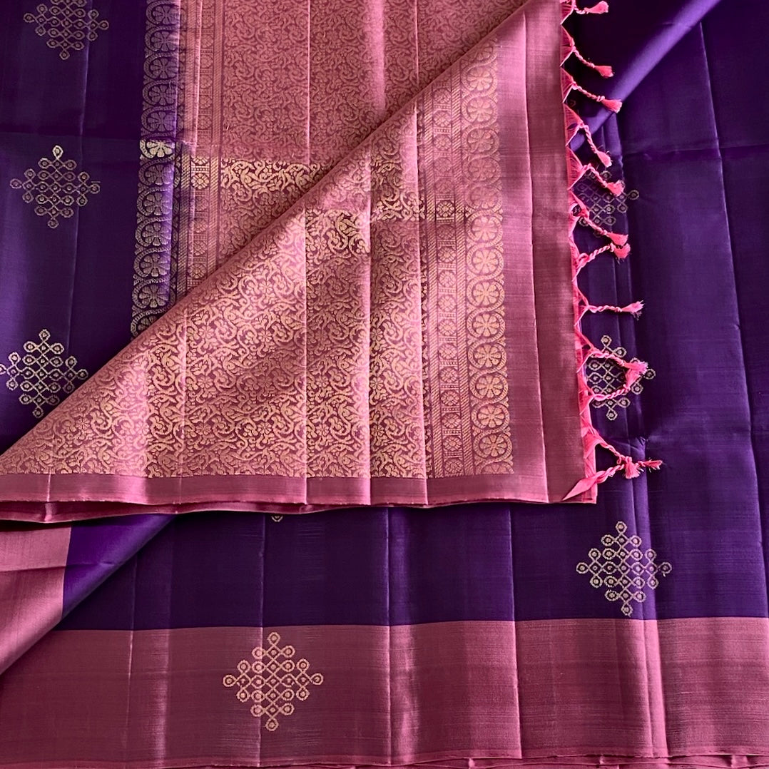 Rich Purple Designer Pure Silk With Onion Pink Pallu & Kollam Zari