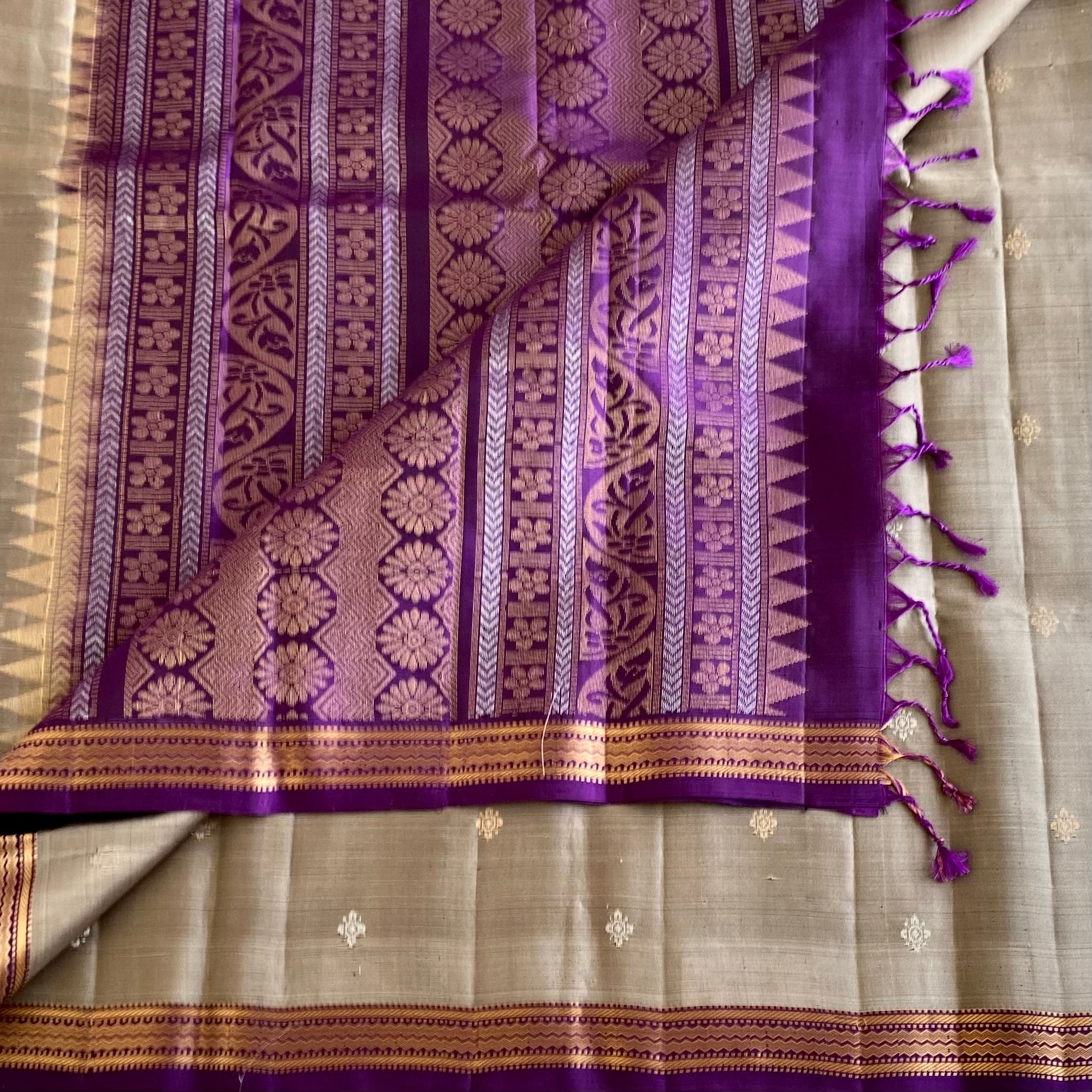 Taupe Beige Designer Pure Silk Saree With Royal Purple Pallu