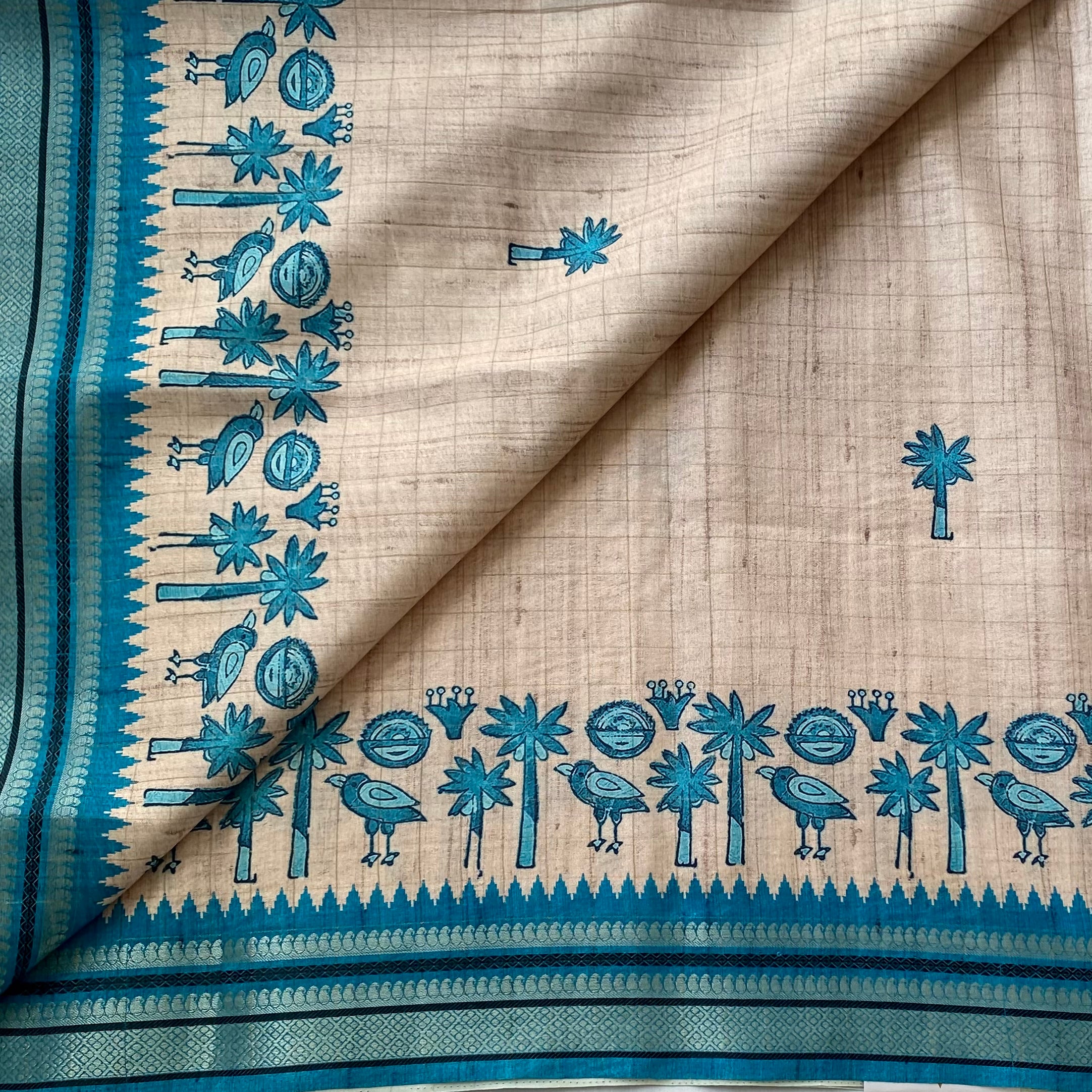 Teal Beige Bird Motif Saree With Striped Pallu And Zari Border