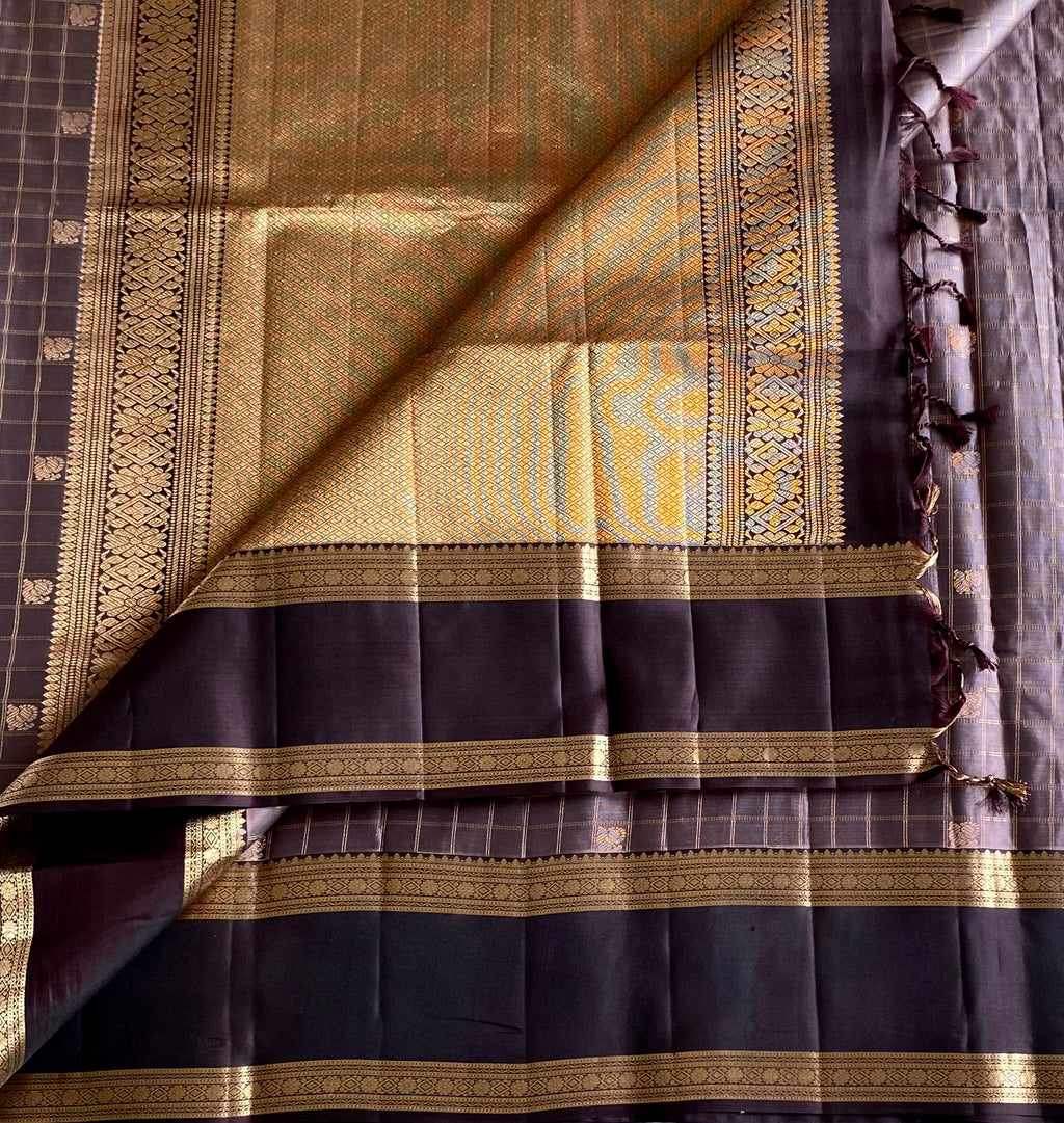 Antique Gold Brocade Saree with Deep Brown Zari Border Slate Pallu
