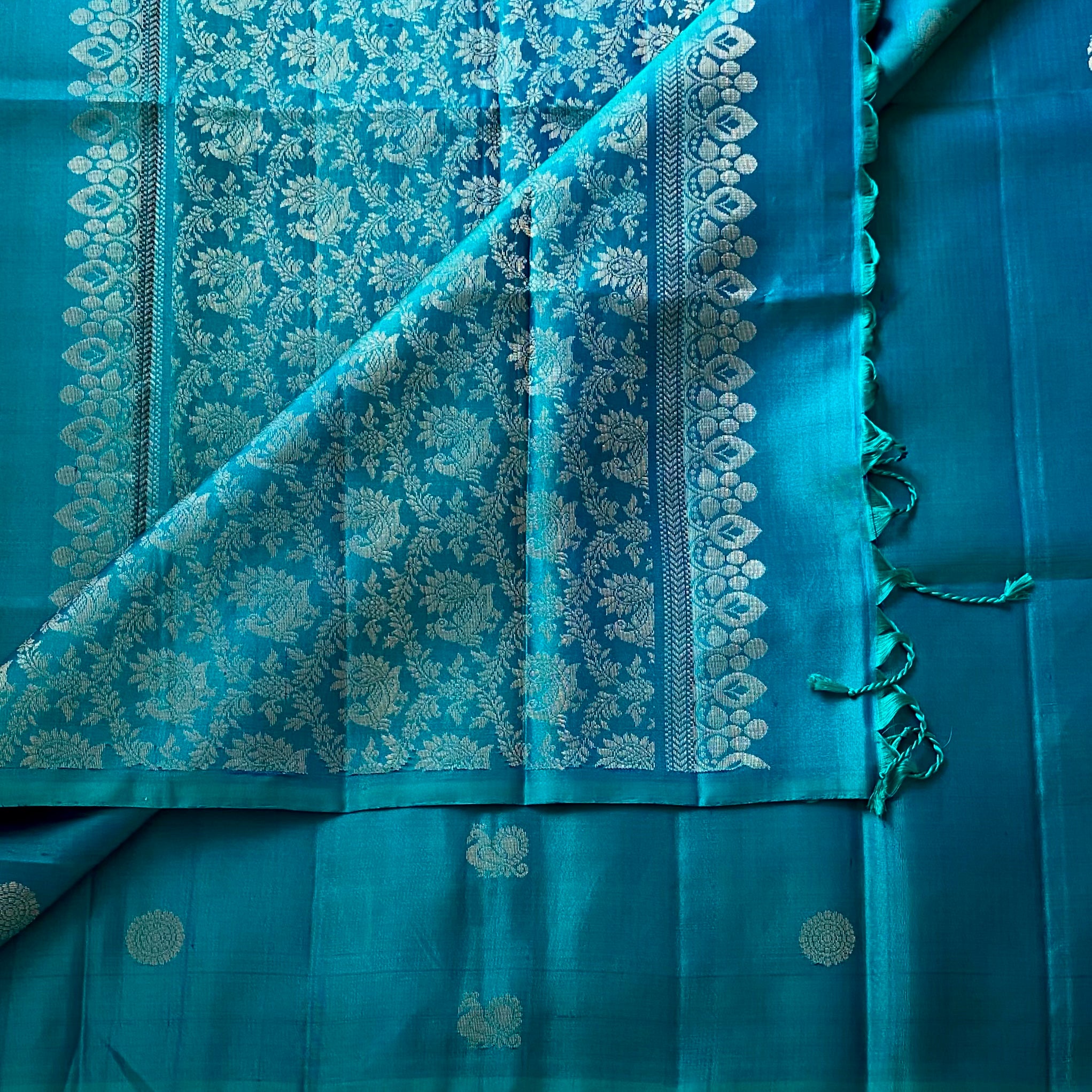 Teal Blue Designer Pure Silk Saree With Antique Gold Jacquard