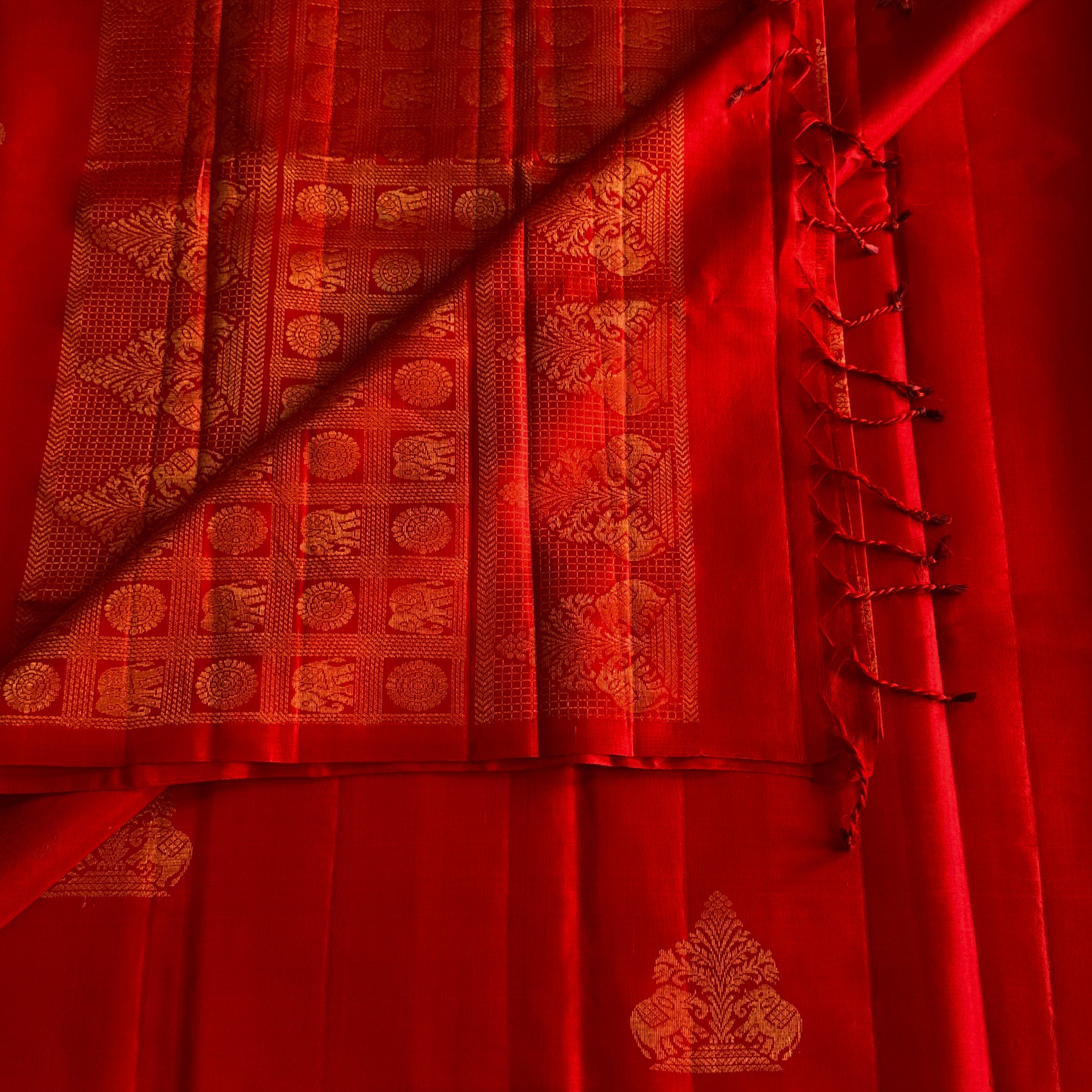 Scarlet Red Saree with Gold Woven Motifs and Tassels