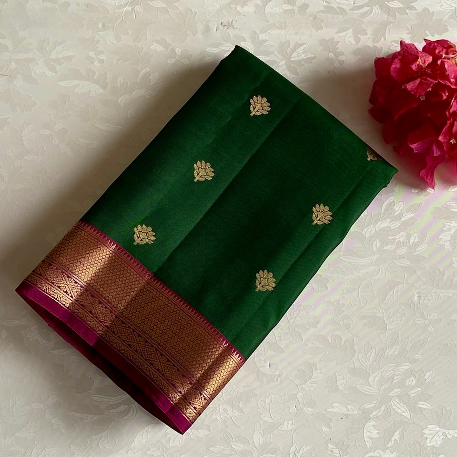 Emerald Green Designer Pure Silk Saree With Magenta Pallu And Gold Border