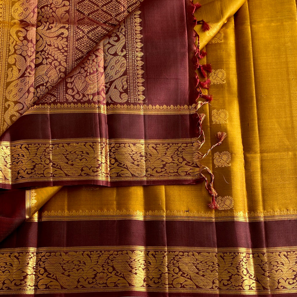 Mustard Gold Designer Pure Silk Saree With Deep Wine Brown Pallu