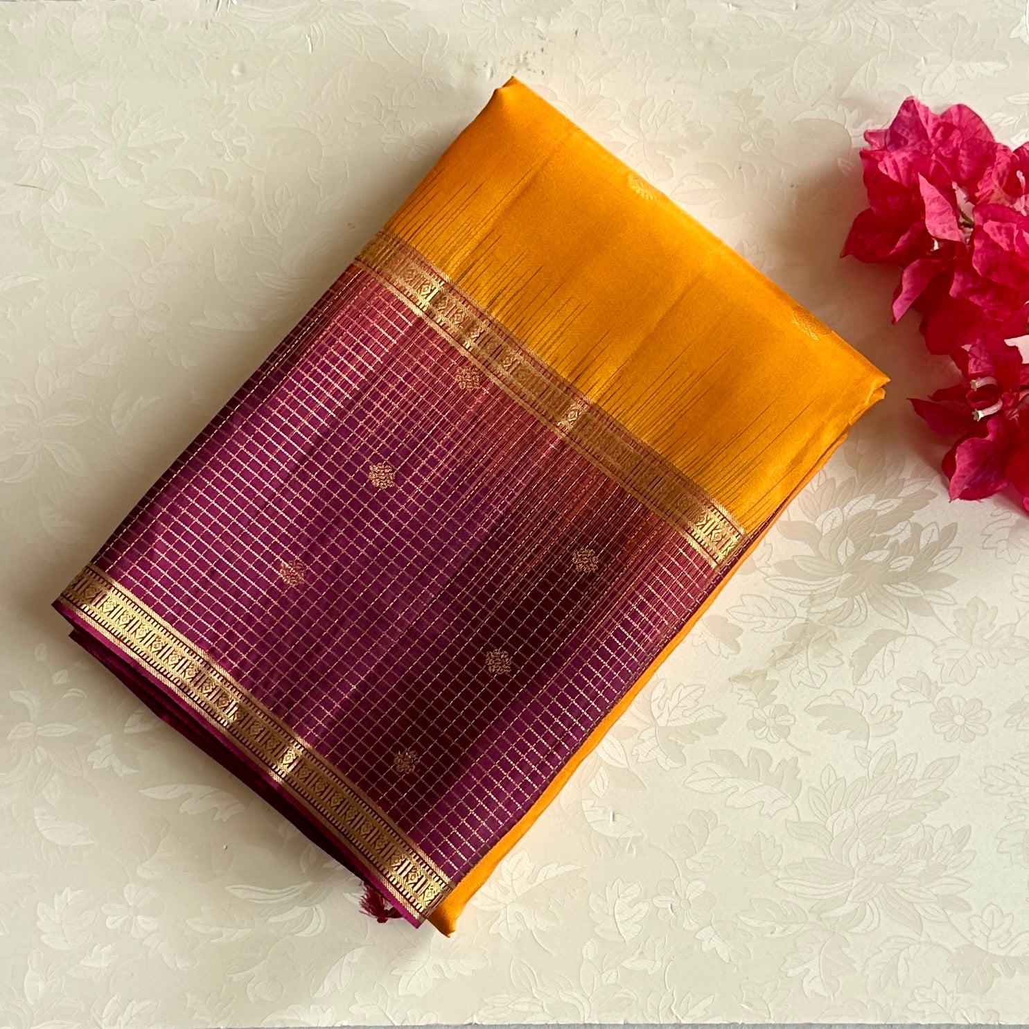 Saffron Yellow Silk Saree Magenta Pallu Gold Brocade Wedding Weave