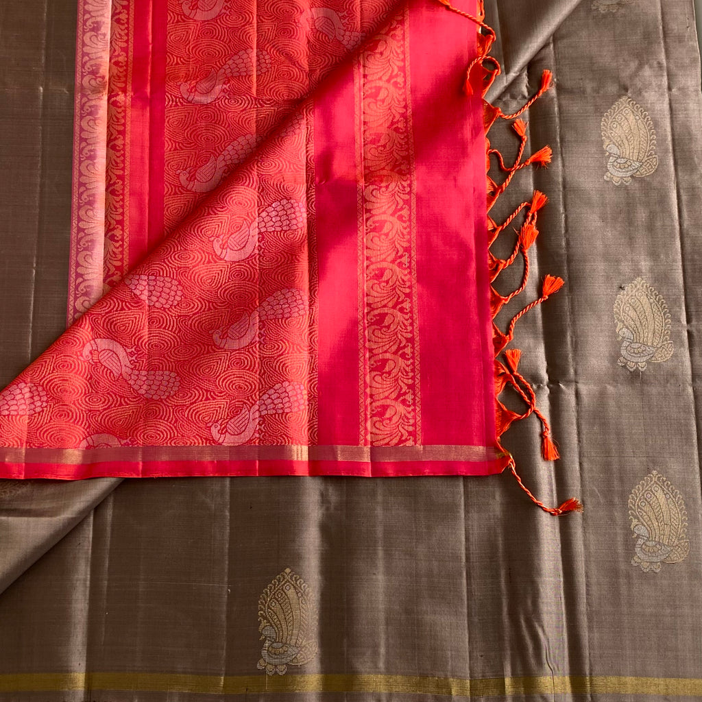 Mocha Metallic Shade Designer Pure Silk Saree With Rani Pink Pallu