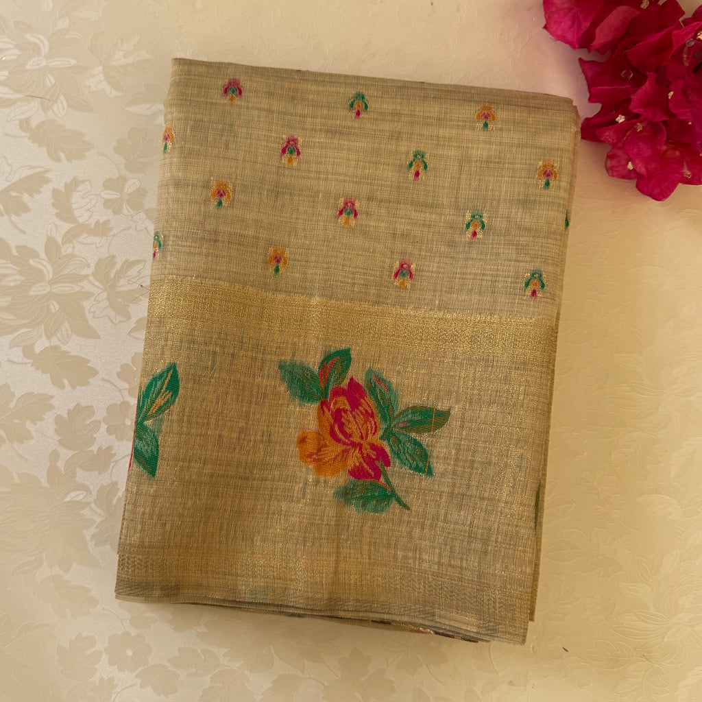 Beige Gold Floral Zari Saree Magenta Orange Flowers Tassel Pallu