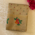 Beige Gold Floral Zari Saree Magenta Orange Flowers Tassel Pallu