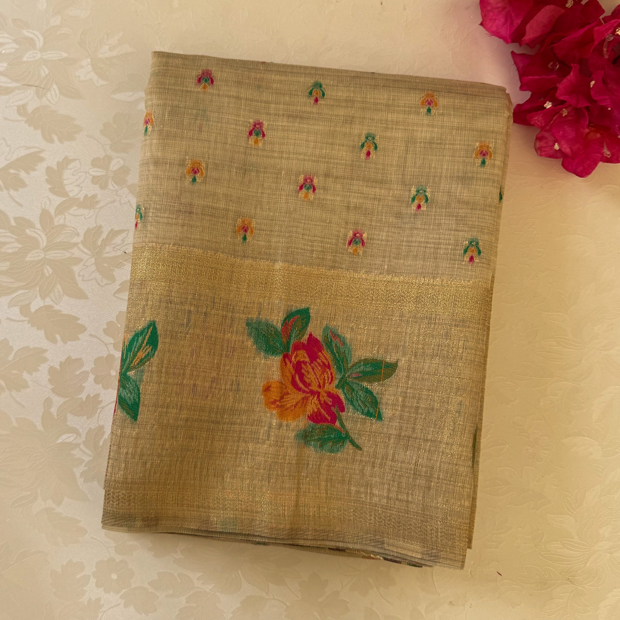 Beige Gold Floral Zari Saree Magenta Orange Flowers Tassel Pallu