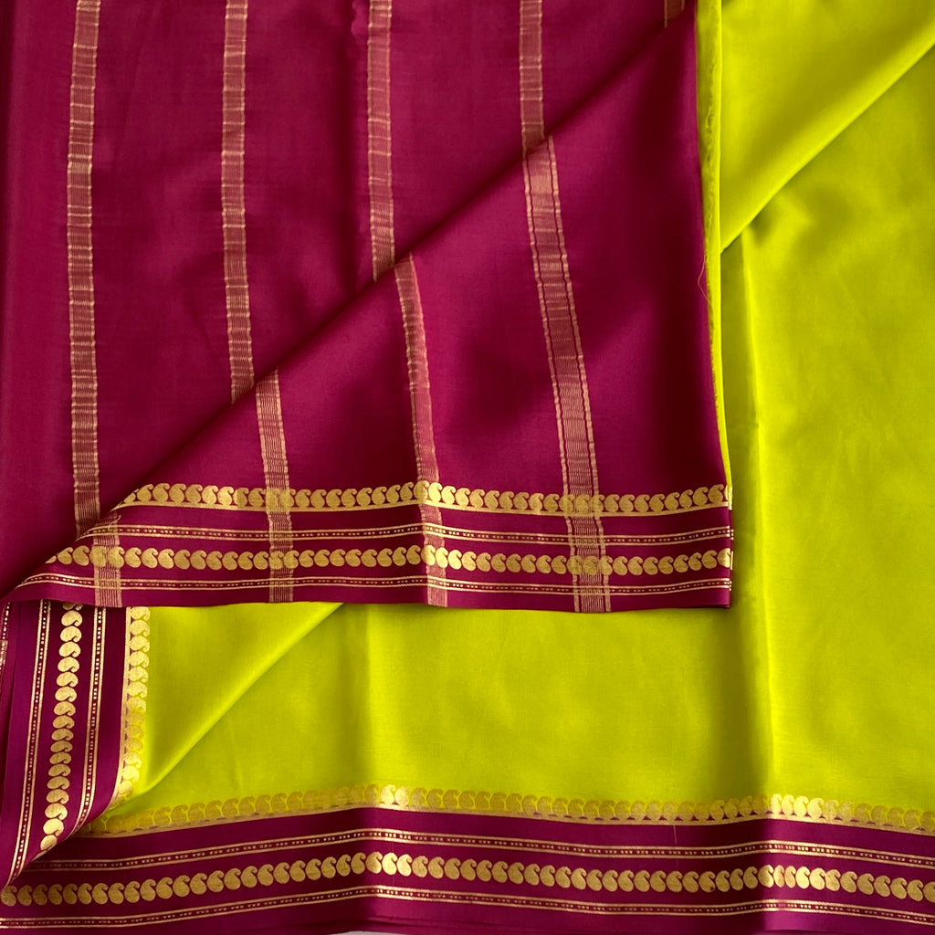 Stunner Green Mysore Crepe Silk Saree With Deep Magenta Pallu And Gold Border
