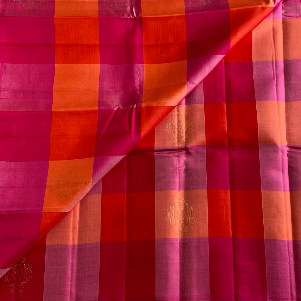Rani Pink Designer Pure Silk Saree With Coral Orange And Mauve Pink Checks