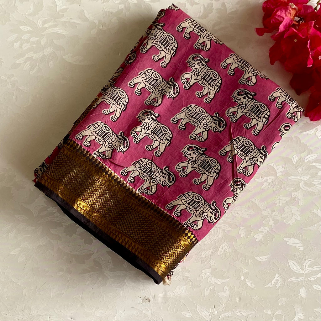 Rose Pink Kalamkari Designer Cotton Silk Saree With Antique Ivory Pallu