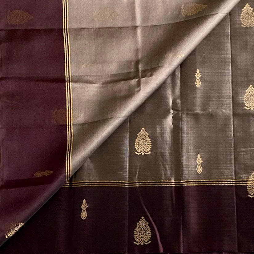 Metallic Grey with Aubergine Designer Pure Silk With Gold Zari