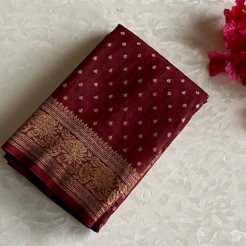 Burgundy Brown Banarasi Crepe Silk Saree With Antique Gold Brocade Pallu