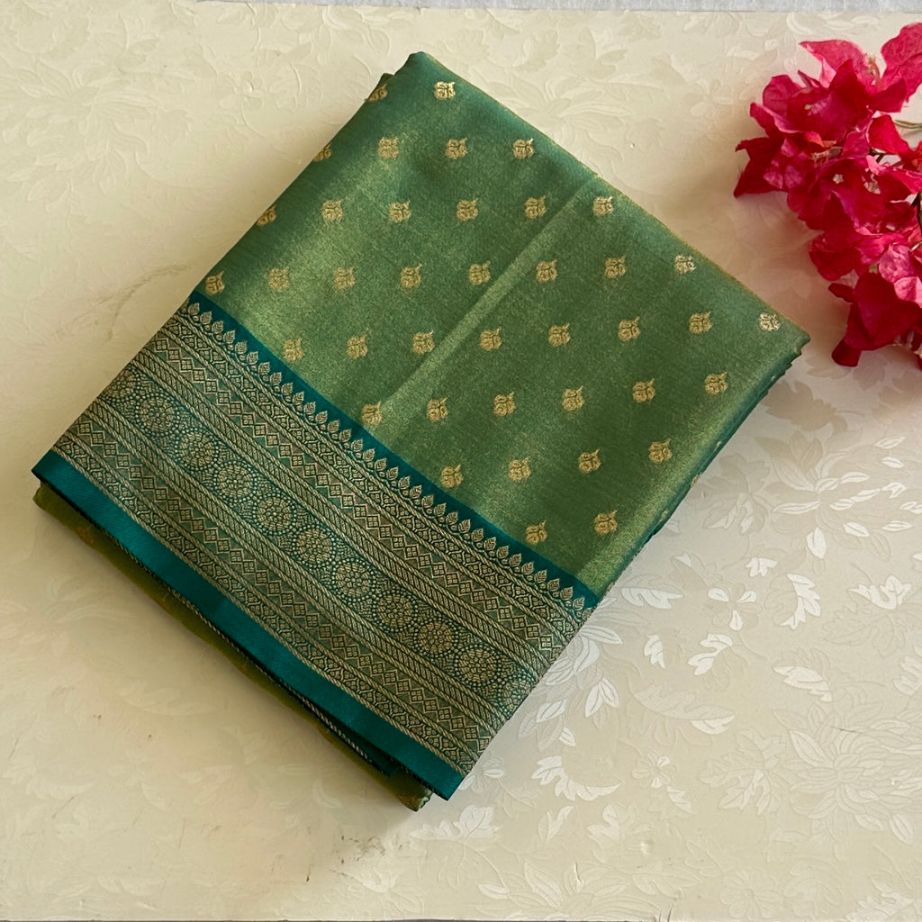 Magical dual shaded sea green soft tissue silk with rich brocade pallu & blouse