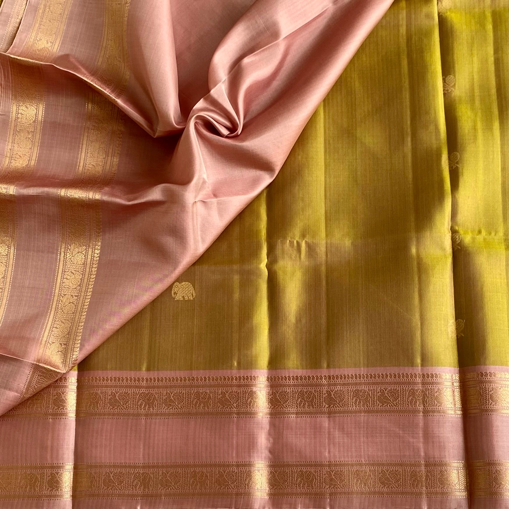 Soft Olive Gold with Dusty Rose Designer Pure Silk with Retta Pett Borders