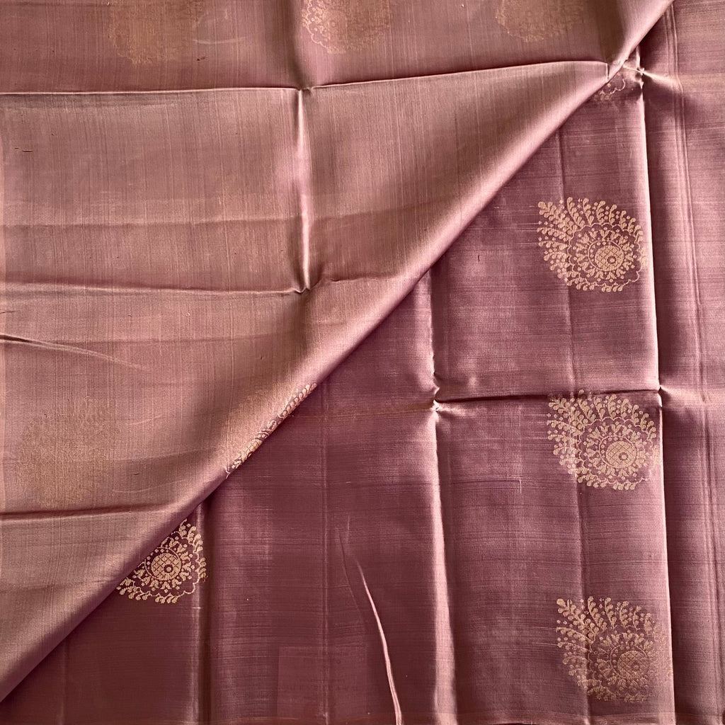 Dusty Mauve Designer Pure Silk Saree With Pastel Lime Green Pallu