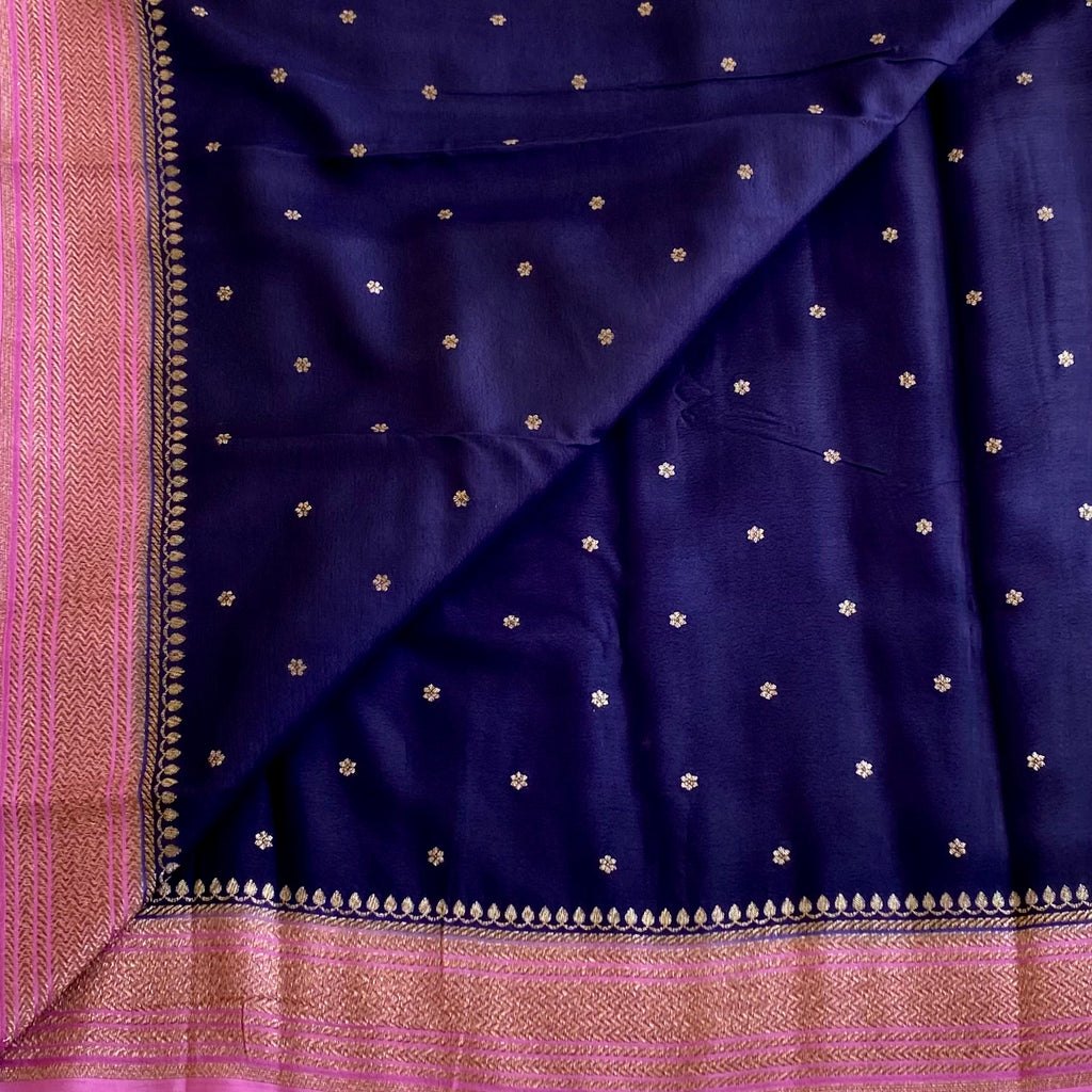 Midnight Navy Banarasi Crepe Silk Saree With Rose Pink Pallu
