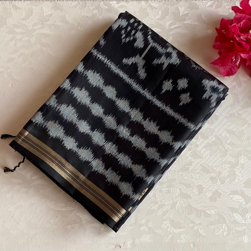 Jet Black Silver Gray Designer Pure Silk Ikat Saree With Zari
