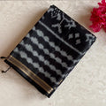 Jet Black Silver Gray Designer Pure Silk Ikat Saree With Zari
