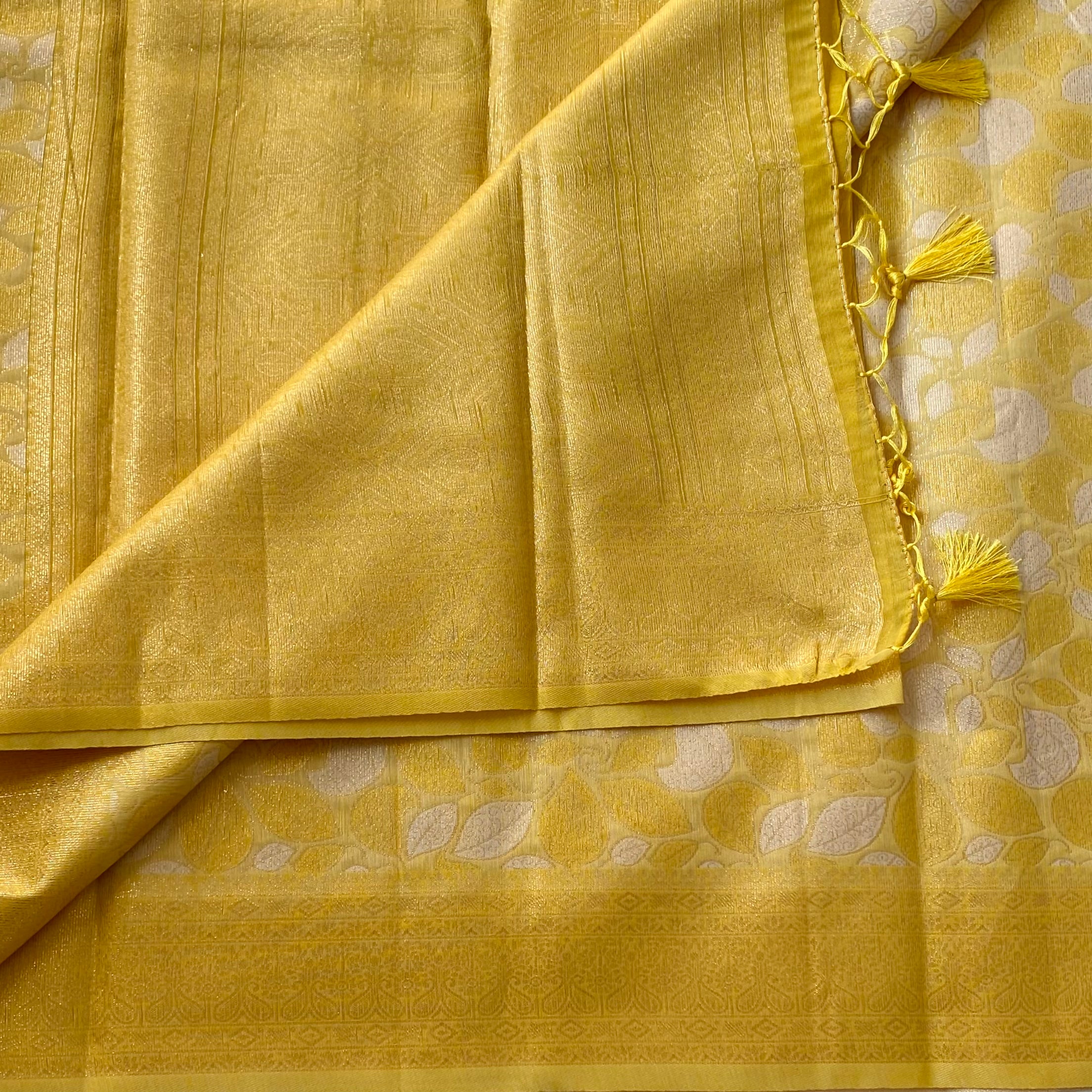 Mustard Yellow Lustrous Leaf Jacquard Saree With Gold Zari Tassels