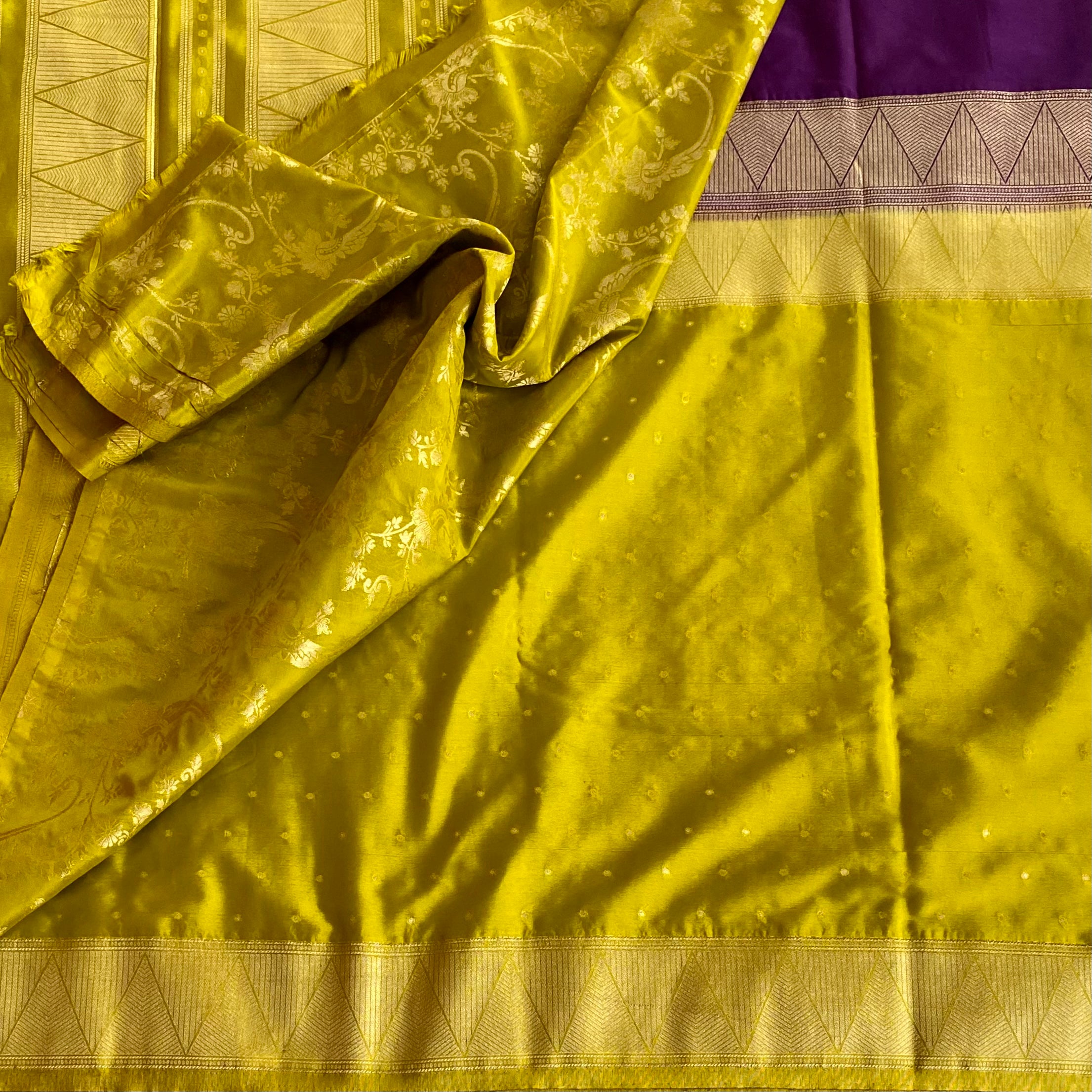 Chartreuse Silk Saree Gold Zari Geometric Border Purple Pallu Traditional