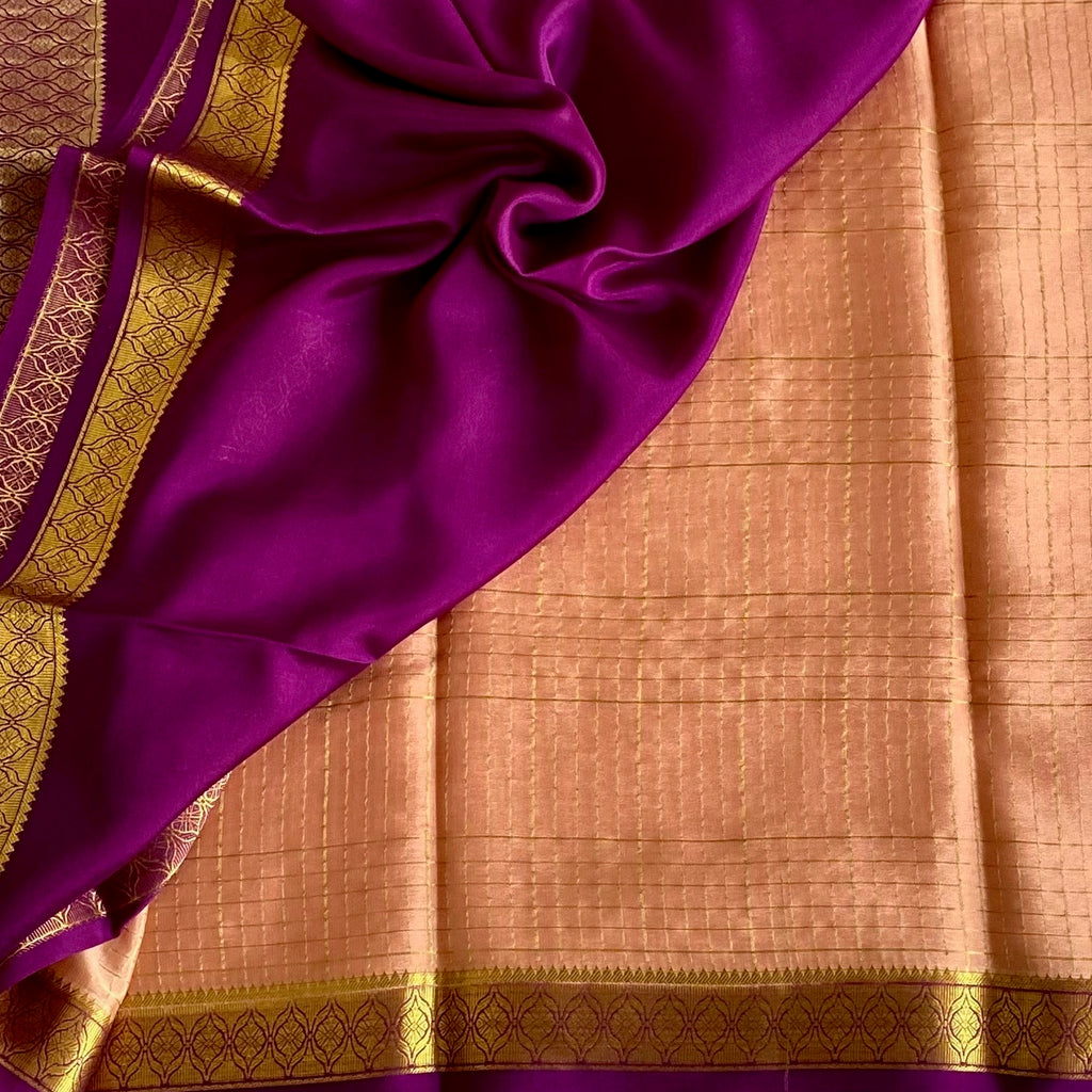 Dusty Peach Mysore Crepe Silk Saree With Royal Purple Pallu