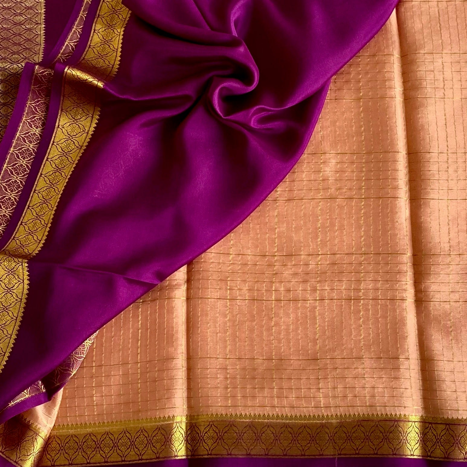 Dusty Peach Mysore Crepe Silk Saree With Royal Purple Pallu