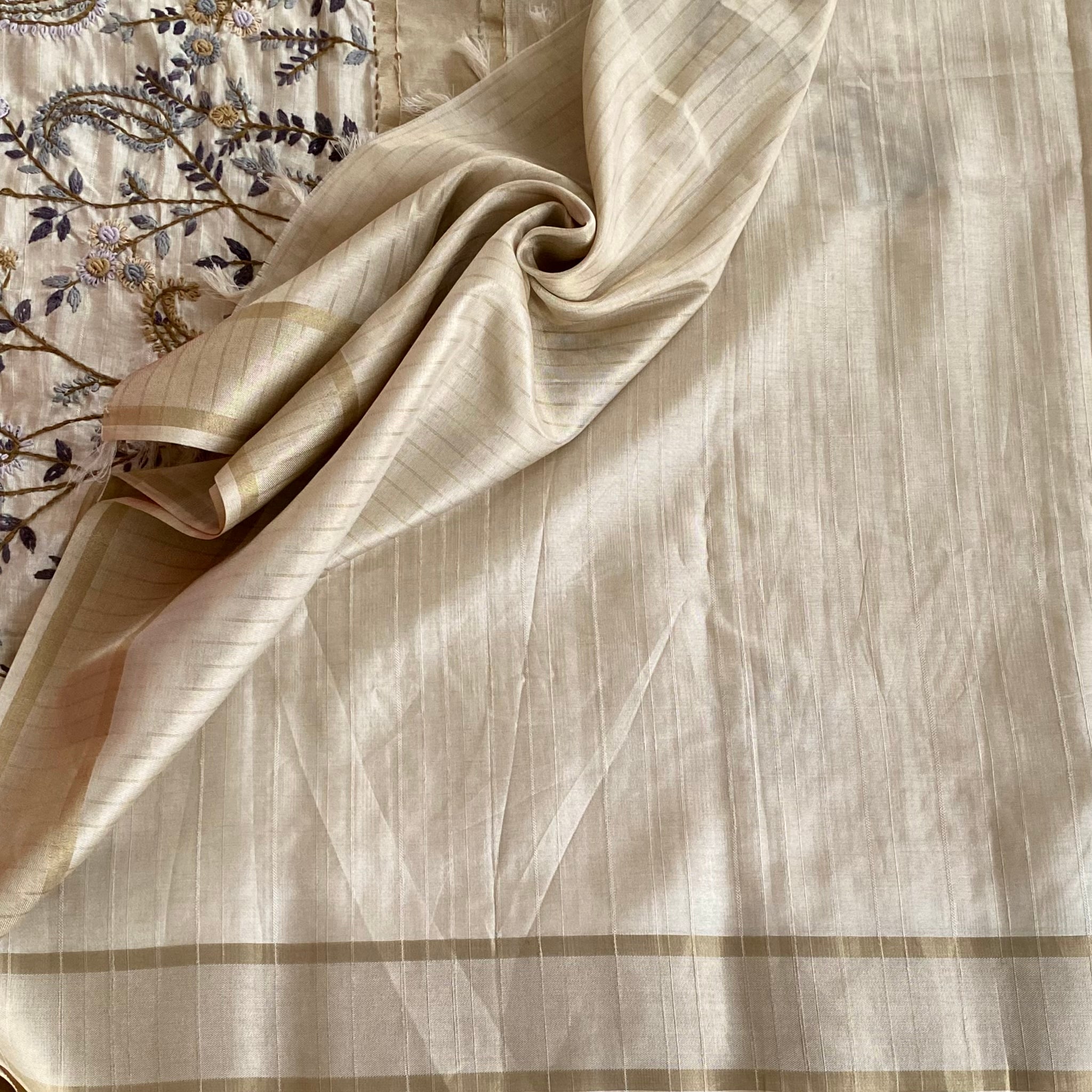 Ivory Beige Embroidered Floral Saree with Gold Border Elegant Traditional