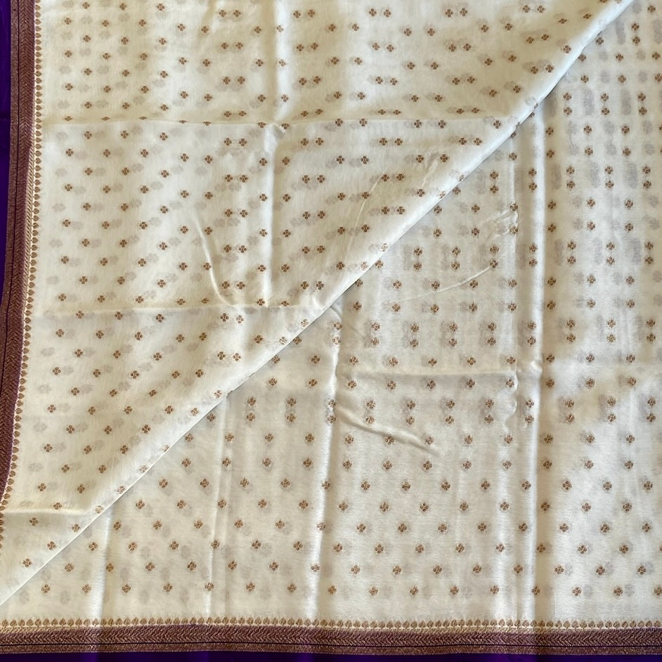 Ivory Banarasi Soft Crepe Silk Saree With Royal Purple Pallu