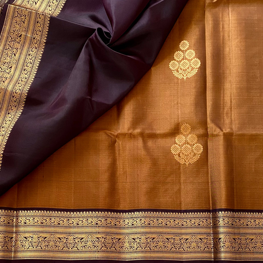 Bronze Brown Designer Pure Silk Saree Deep Aubergine Zari Border